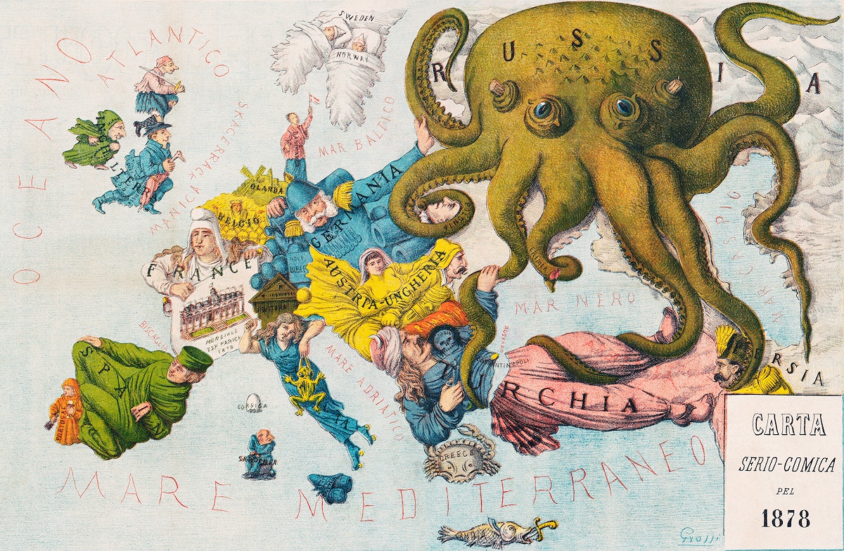 Papagallo no.15 la Piovra Russa Anno VI by Augusto Grossi (1835-1919), a cartoon depiction of Europe in 1878, using caricatures and monster kraken. Original from Library of Congress. Digitally enhanced by rawpixel.